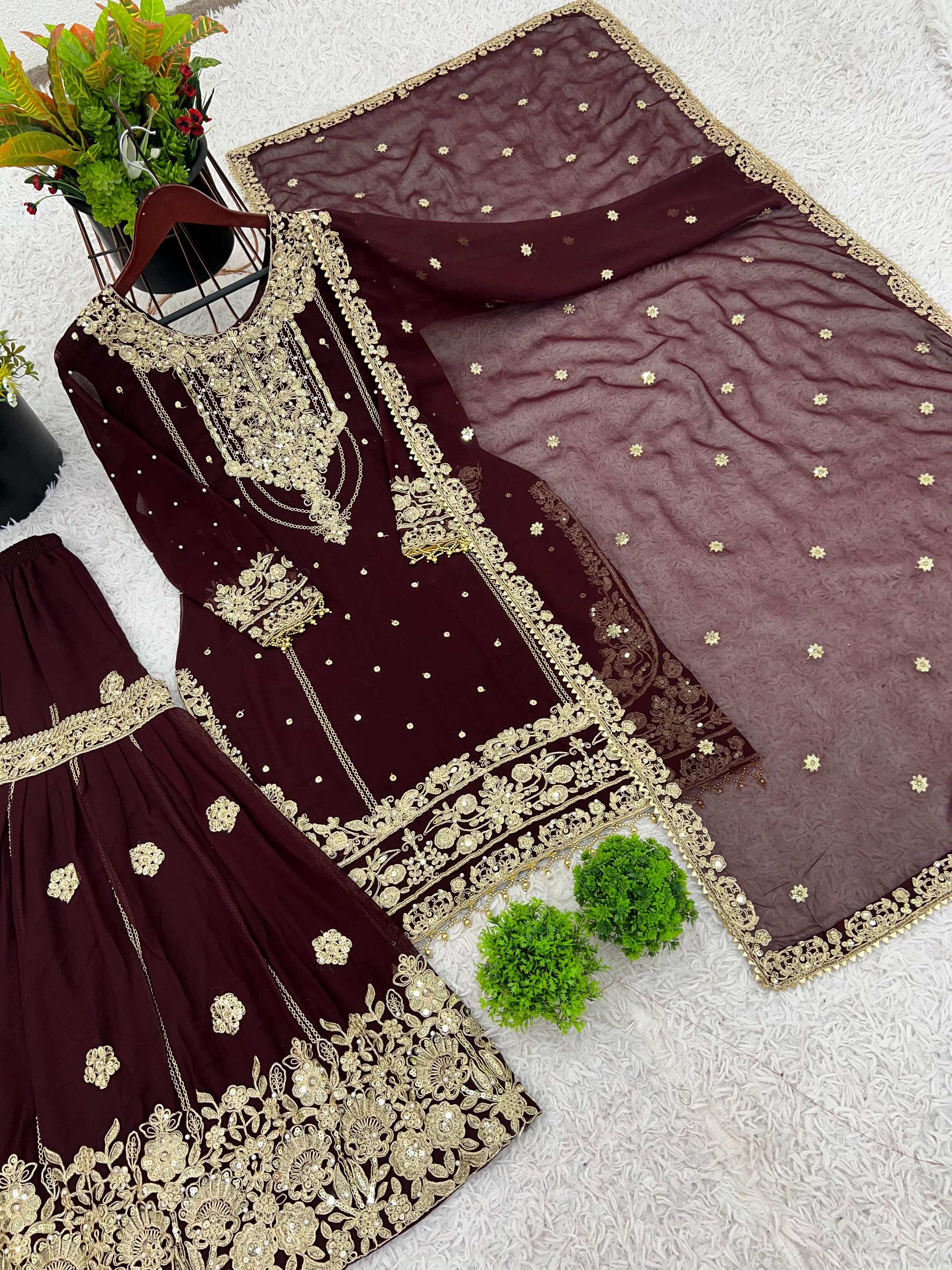Prazu Fashion Coffee Georgette Embroidered Rivet Moti Work Palazzo Suit | Grocsy