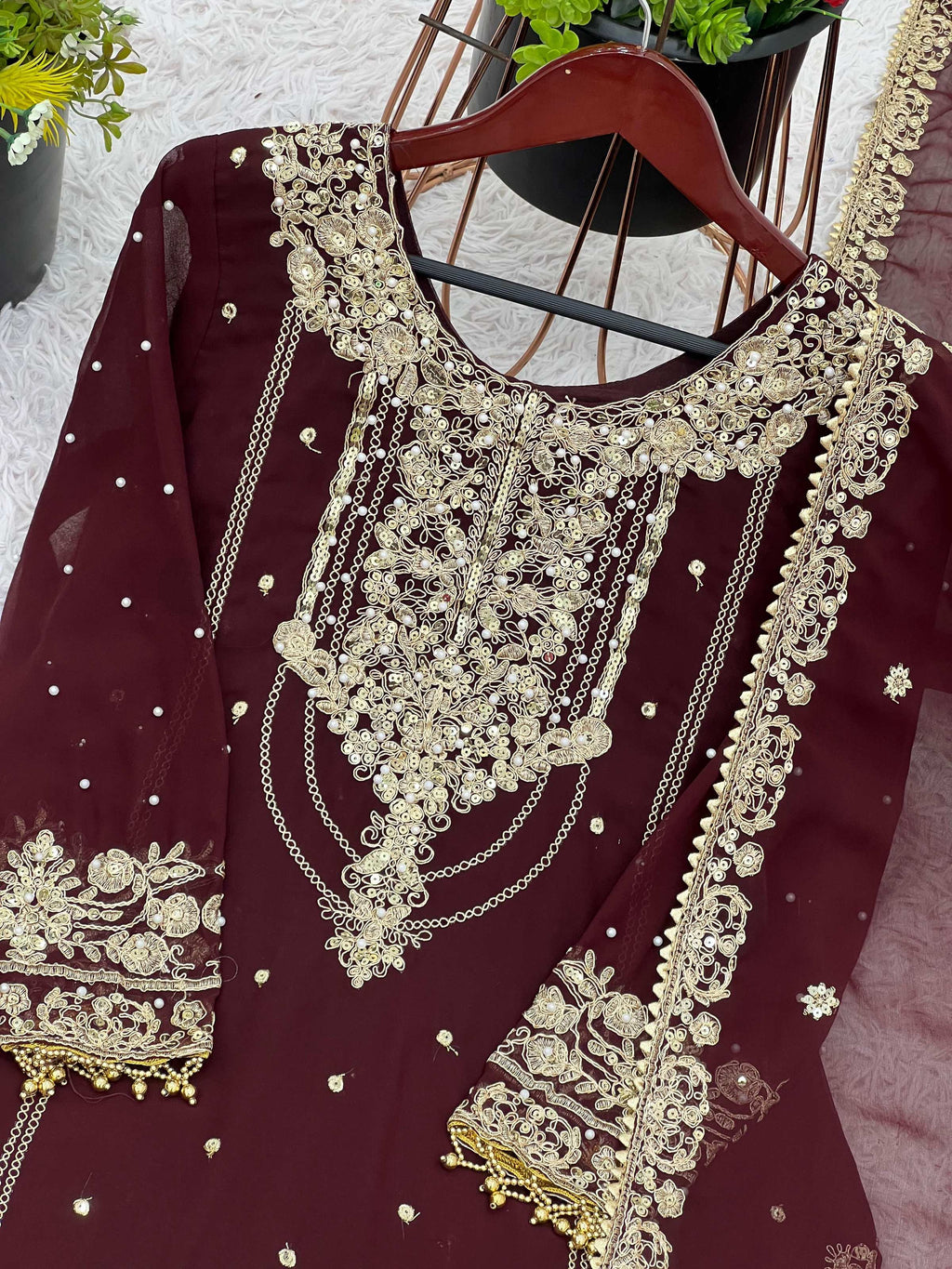Prazu Fashion Coffee Georgette Embroidered Rivet Moti Work Palazzo Suit | Grocsy
