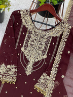 Prazu Fashion Coffee Georgette Embroidered Rivet Moti Work Palazzo Suit | Grocsy