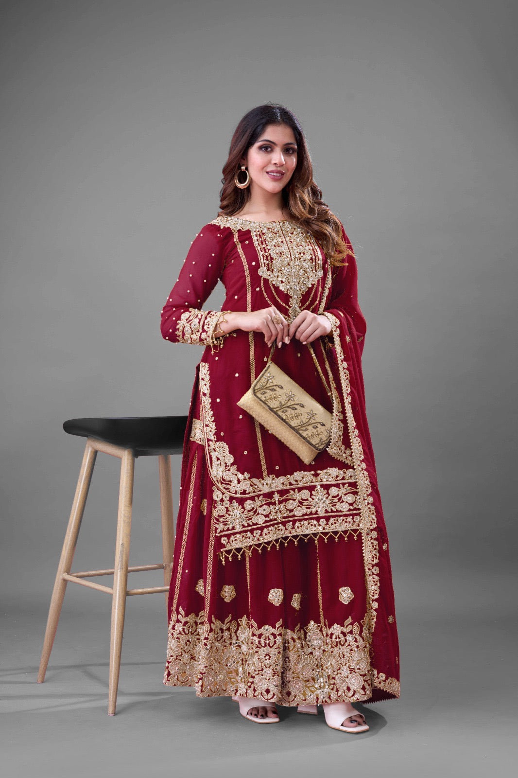 Prazu Fashion Maroon Georgette Embroidered Rivet Moti Work Palazzo Suit | Grocsy