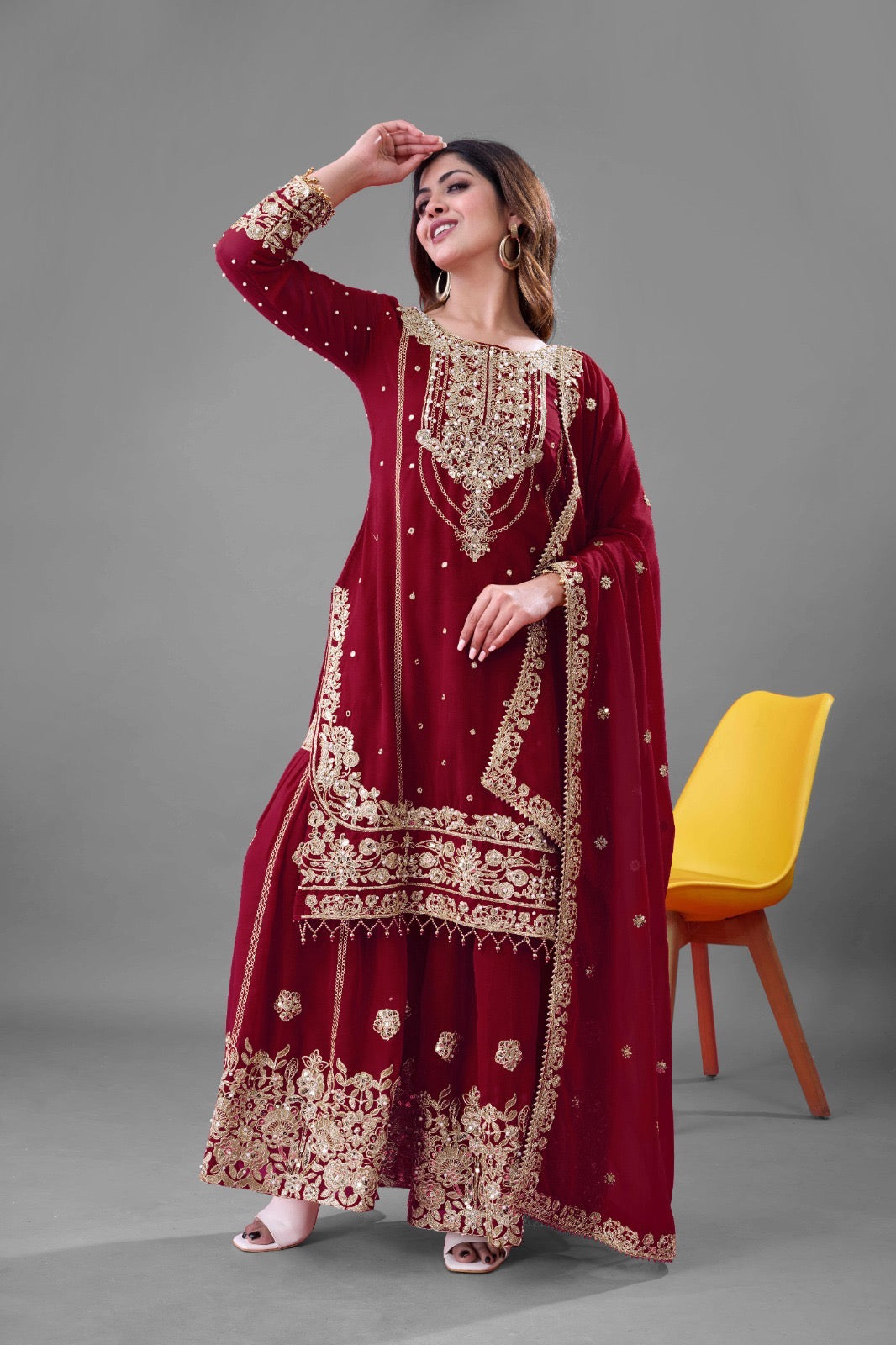 Prazu Fashion Maroon Georgette Embroidered Rivet Moti Work Palazzo Suit | Grocsy