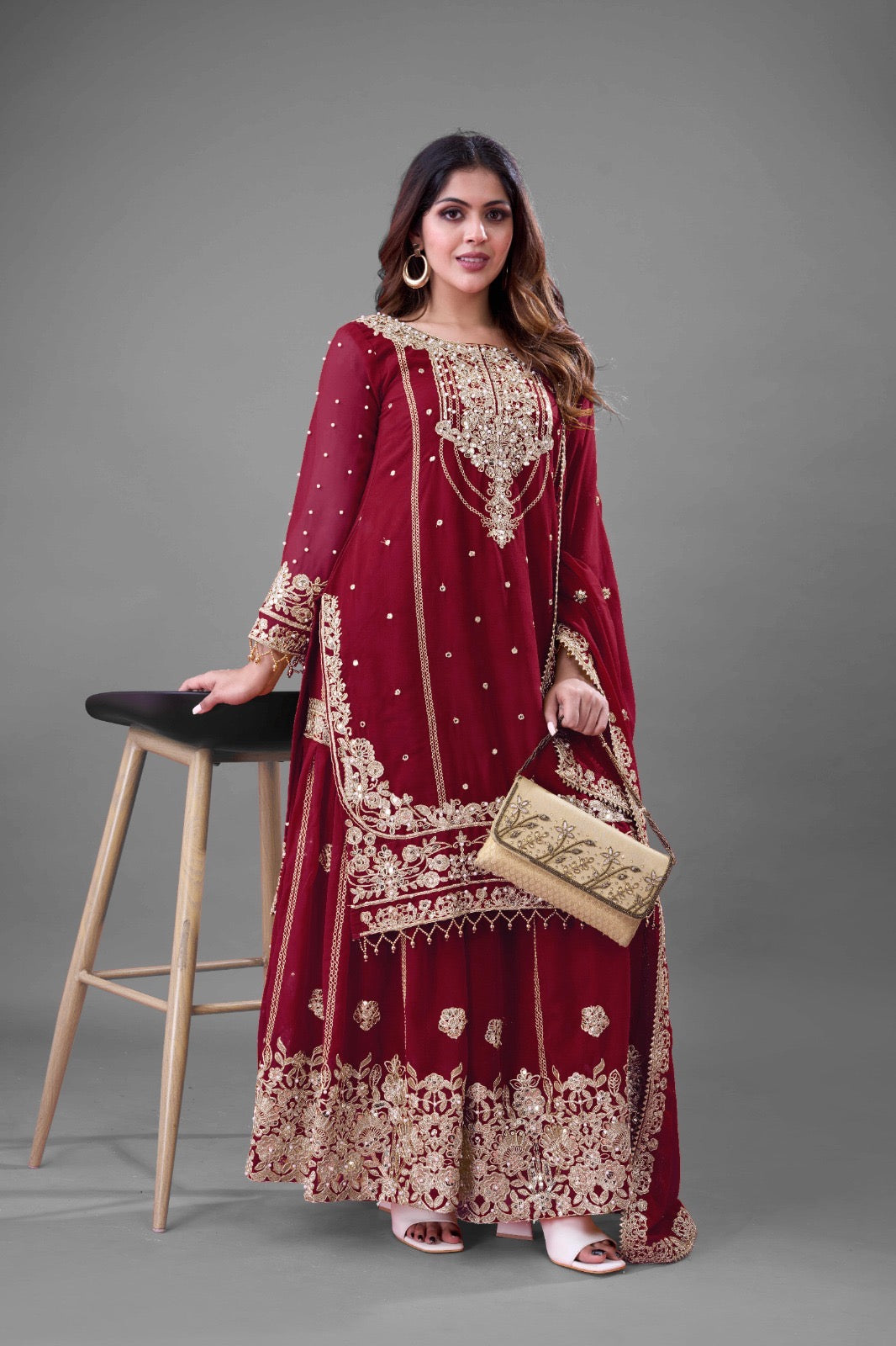 Prazu Fashion Maroon Georgette Embroidered Rivet Moti Work Palazzo Suit | Grocsy