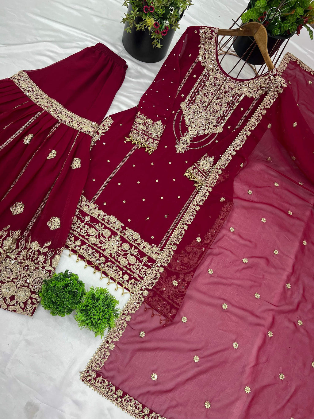 Prazu Fashion Maroon Georgette Embroidered Rivet Moti Work Palazzo Suit | Grocsy