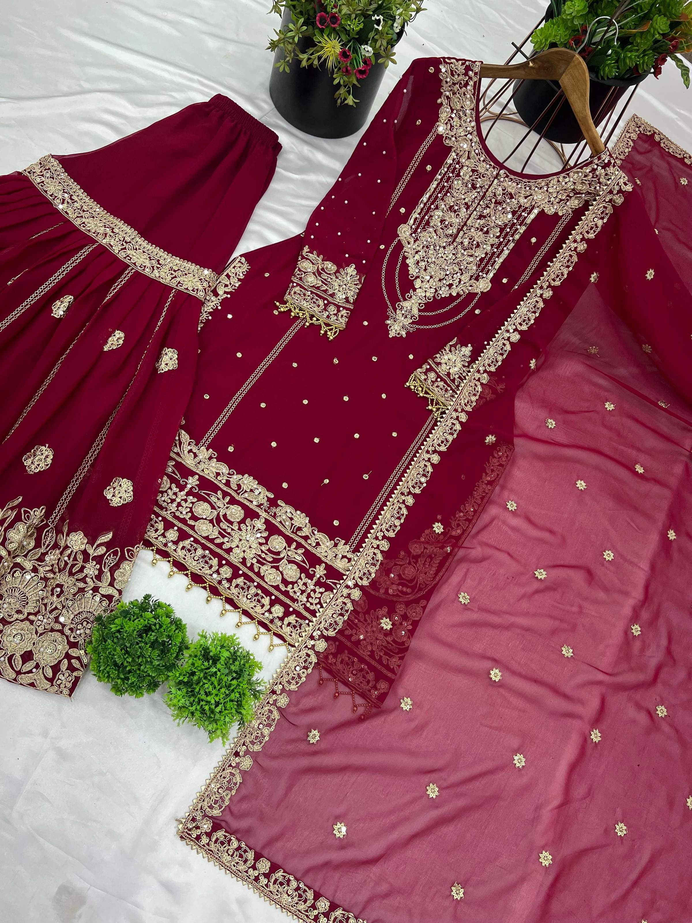 Prazu Fashion Maroon Georgette Embroidered Rivet Moti Work Palazzo Suit | Grocsy