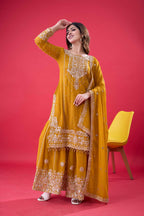 Prazu Fashion Yellow Georgette Embroidered Rivet Moti Work Palazzo Suit | Grocsy