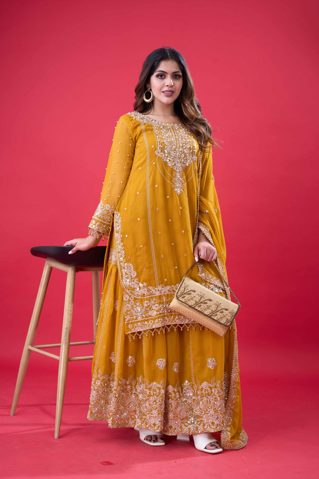 Prazu Fashion Yellow Georgette Embroidered Rivet Moti Work Palazzo Suit | Grocsy