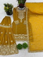 Prazu Fashion Yellow Georgette Embroidered Rivet Moti Work Palazzo Suit | Grocsy