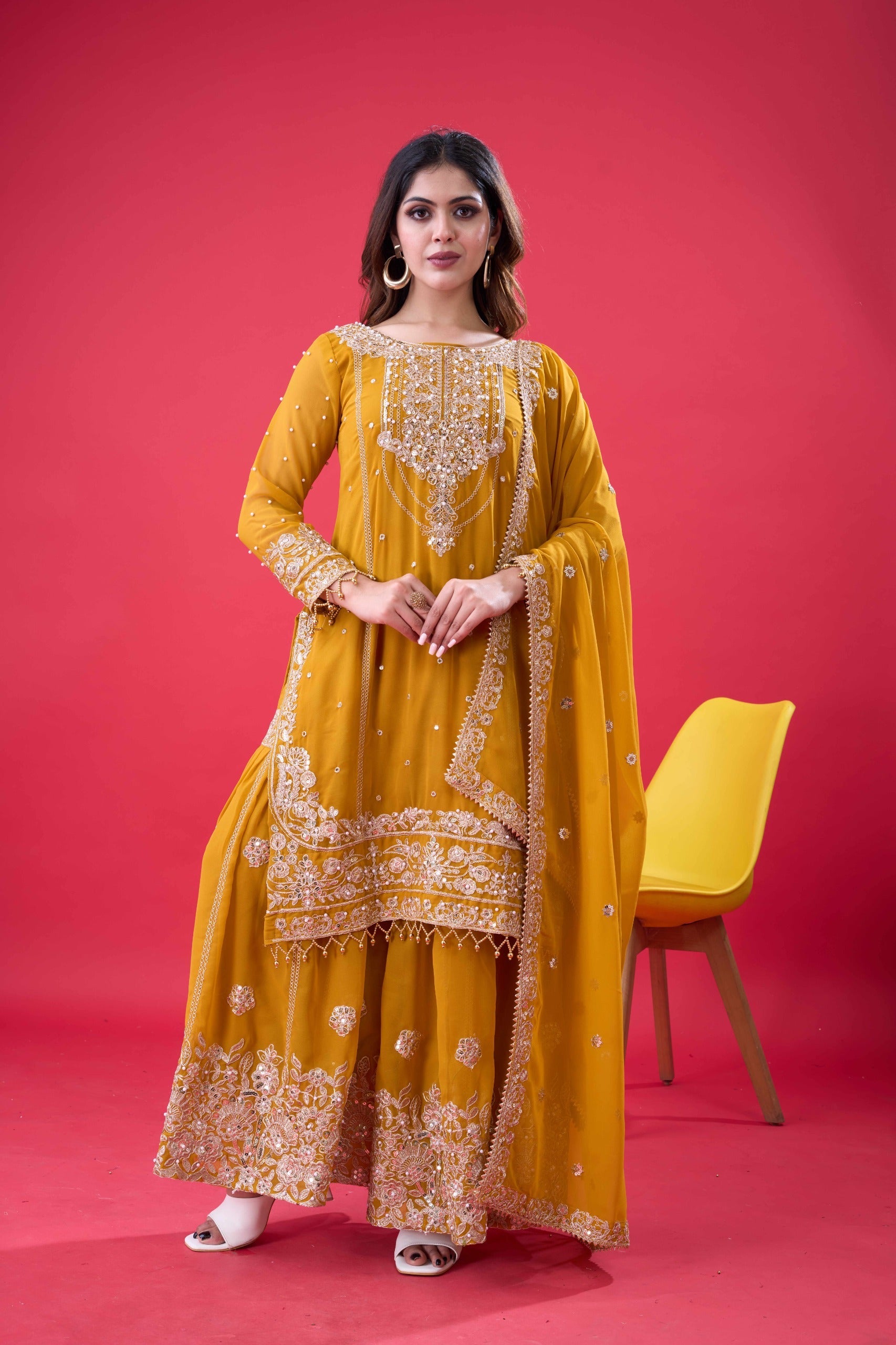 Prazu Fashion Yellow Georgette Embroidered Rivet Moti Work Palazzo Suit | Grocsy