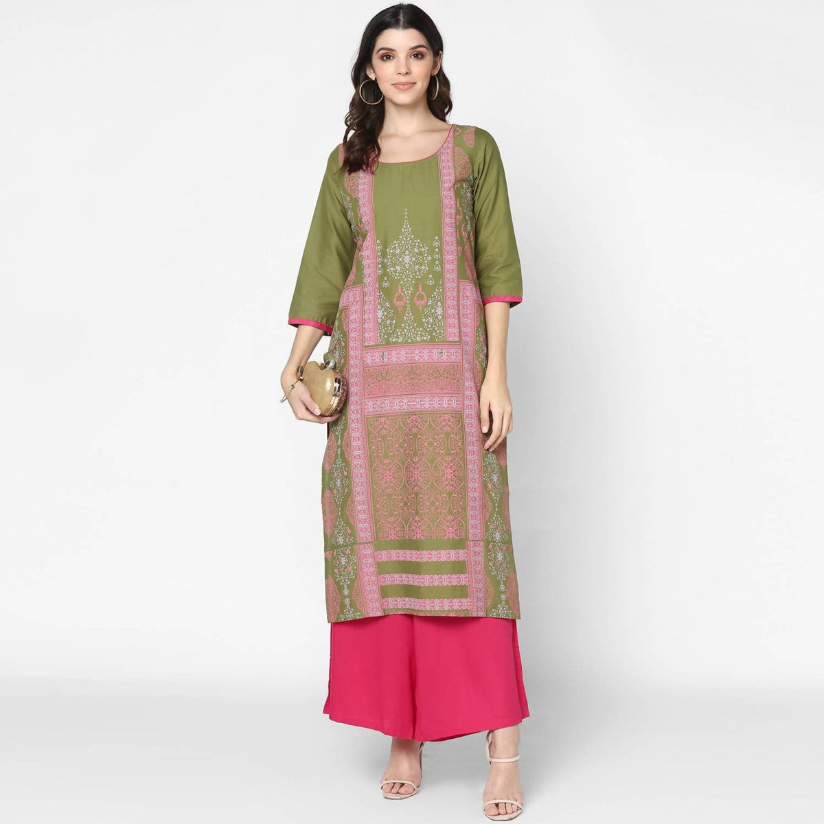 Cheera Hand Block Print Olive Green & Magenta Straight Kurta With Palazzo (MAAI-073K) | Grocsy