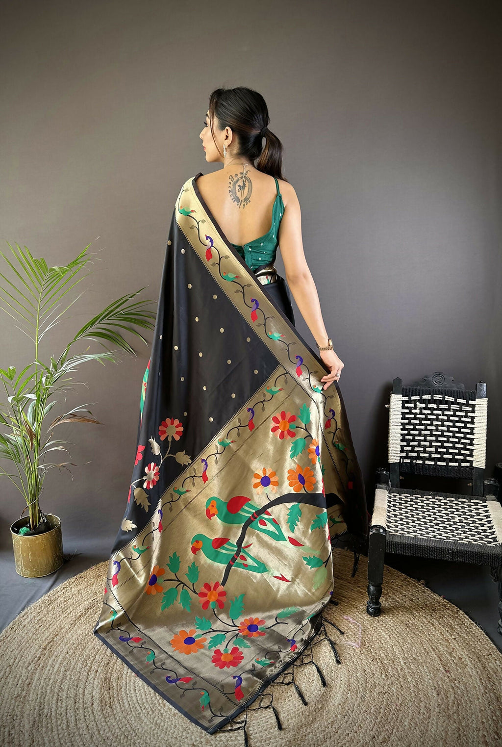 Joban Fashion Black Zari Woven Floral Motifs Soft Silk Paithani Silk Saree | Grocsy