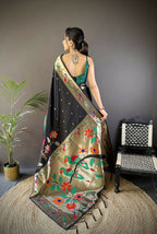 Joban Fashion Black Zari Woven Floral Motifs Soft Silk Paithani Silk Saree | Grocsy
