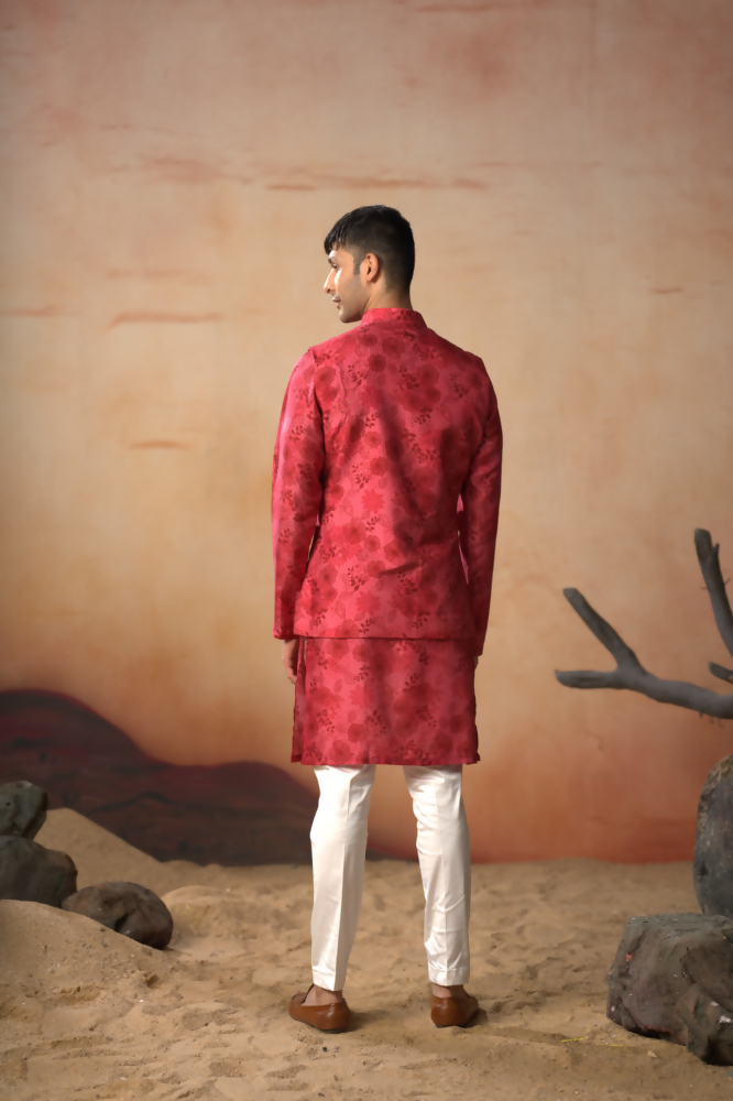 Floral Print Silk Nehru Jacket Set by Hilo Design | Grocsy