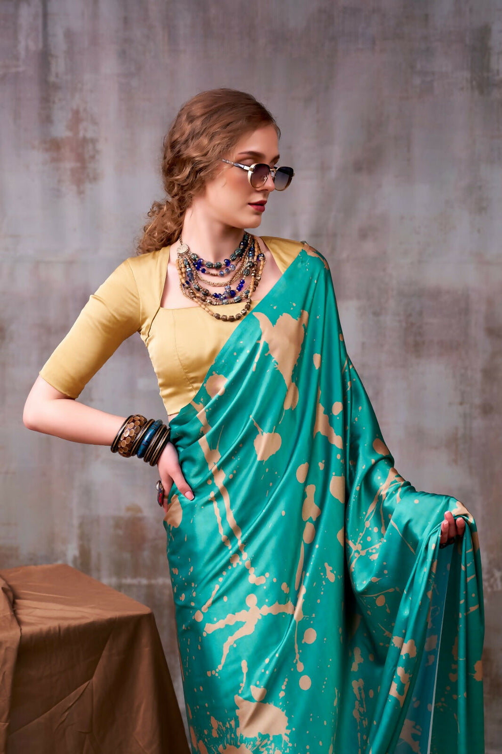 Vastranavya Sea Blue Satin Silk Printed Saree with a Natural Silk Unstitched Blouse | Grocsy