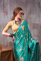 Vastranavya Sea Blue Satin Silk Printed Saree with a Natural Silk Unstitched Blouse | Grocsy