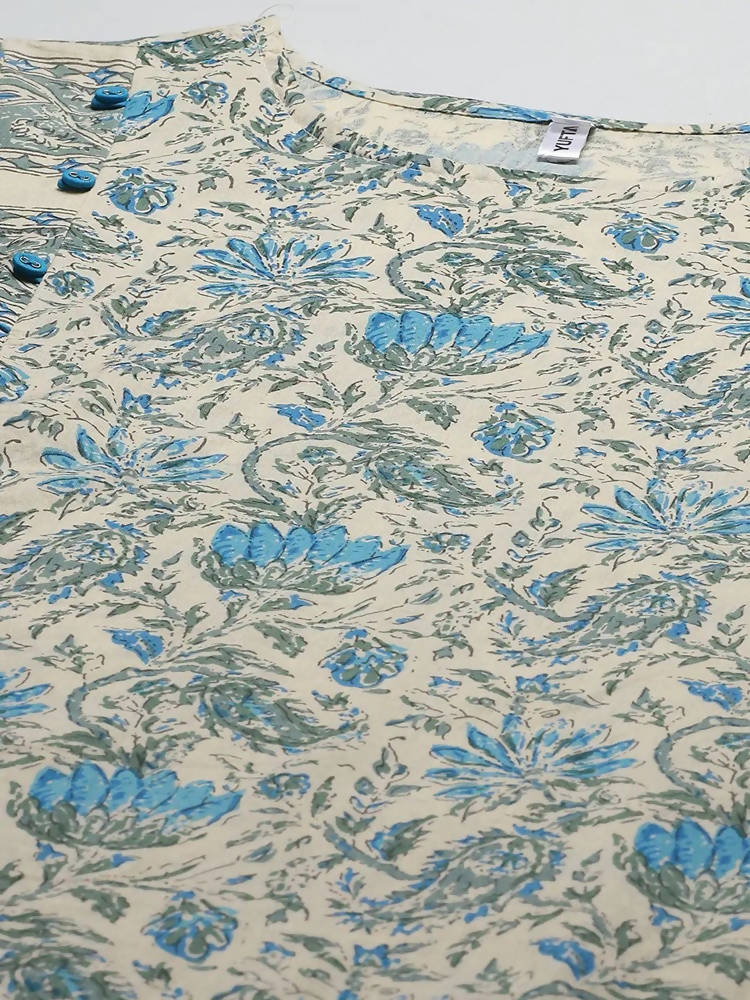 Yufta Women Beige Floral Printed Regular Pure Cotton Kurta with Trouser | Grocsy