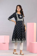 Juniper Women Indigo Rayon Printed A-Line Kurta | Grocsy