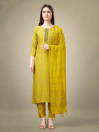 Jyoti Fashion Women's Yellow Rayon Embroidery & Sequence work Kurta with Trouser & Dupatta | Grocsy