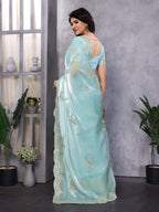 Vastranavya Sky Blue Embroidery Work Shimmer Chiffon Saree with Unstitched Blouse | Grocsy