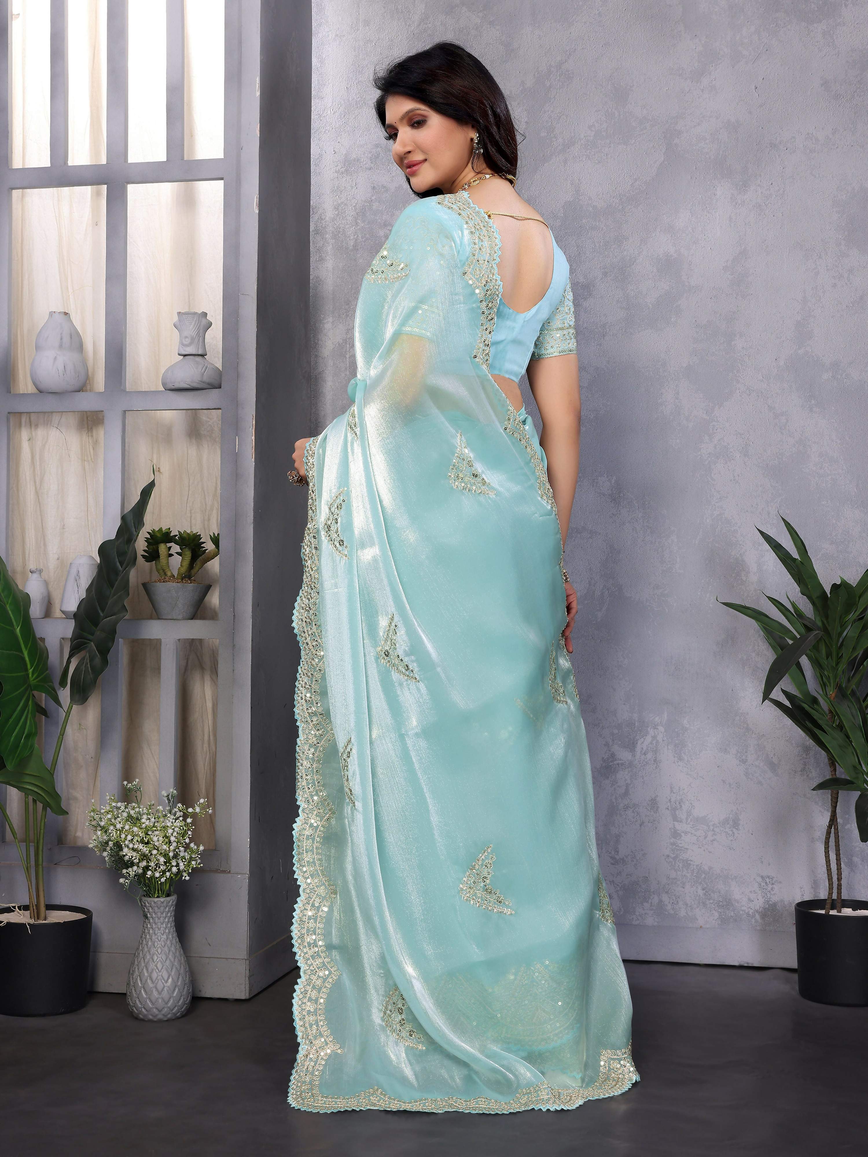 Vastranavya Sky Blue Embroidery Work Shimmer Chiffon Saree with Unstitched Blouse | Grocsy