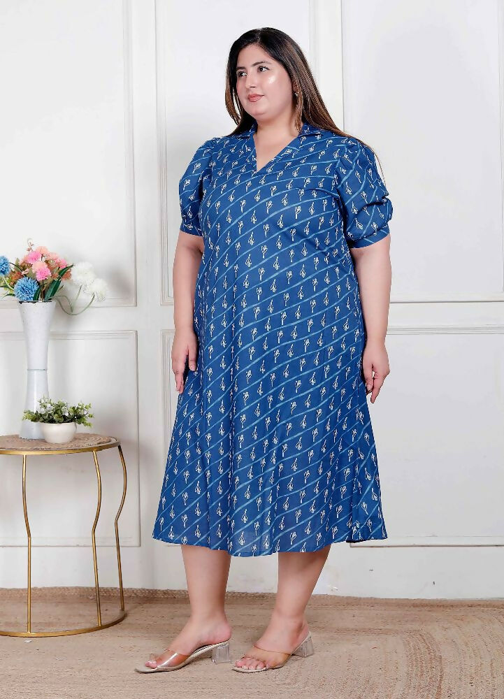Miravan Plus Size Womens Floral Print Collar-Neck Puff Sleeves A-Line Maxi Dress | Grocsy