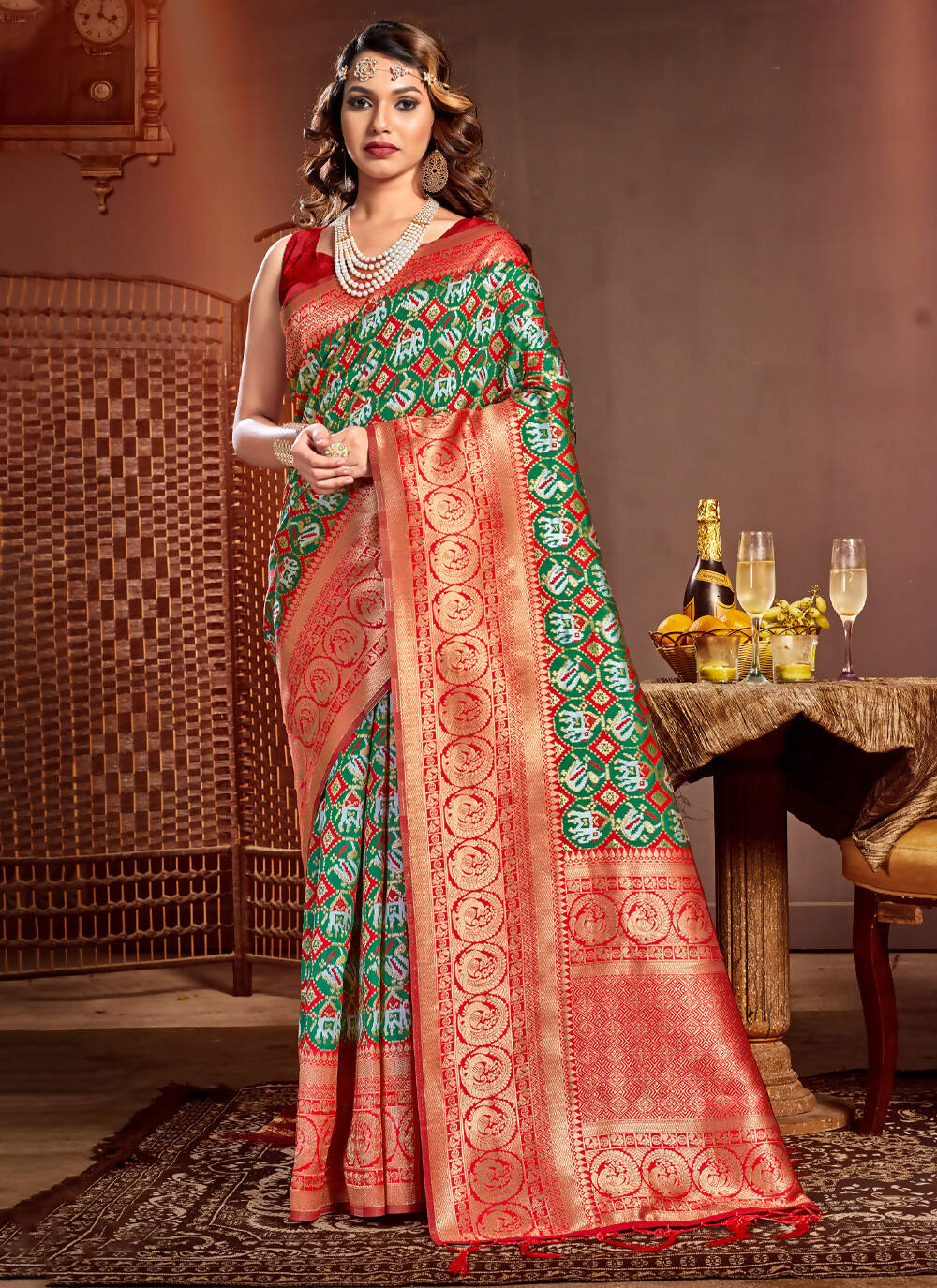 Green Patola Silk Zari Woven Design Saree with Unstitched Blouse Piece - Aachal | Grocsy