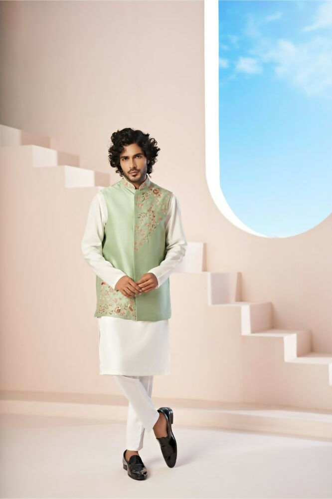 Olive Green Hand Embroidered Nehru Jacket by Hilo Design | Grocsy