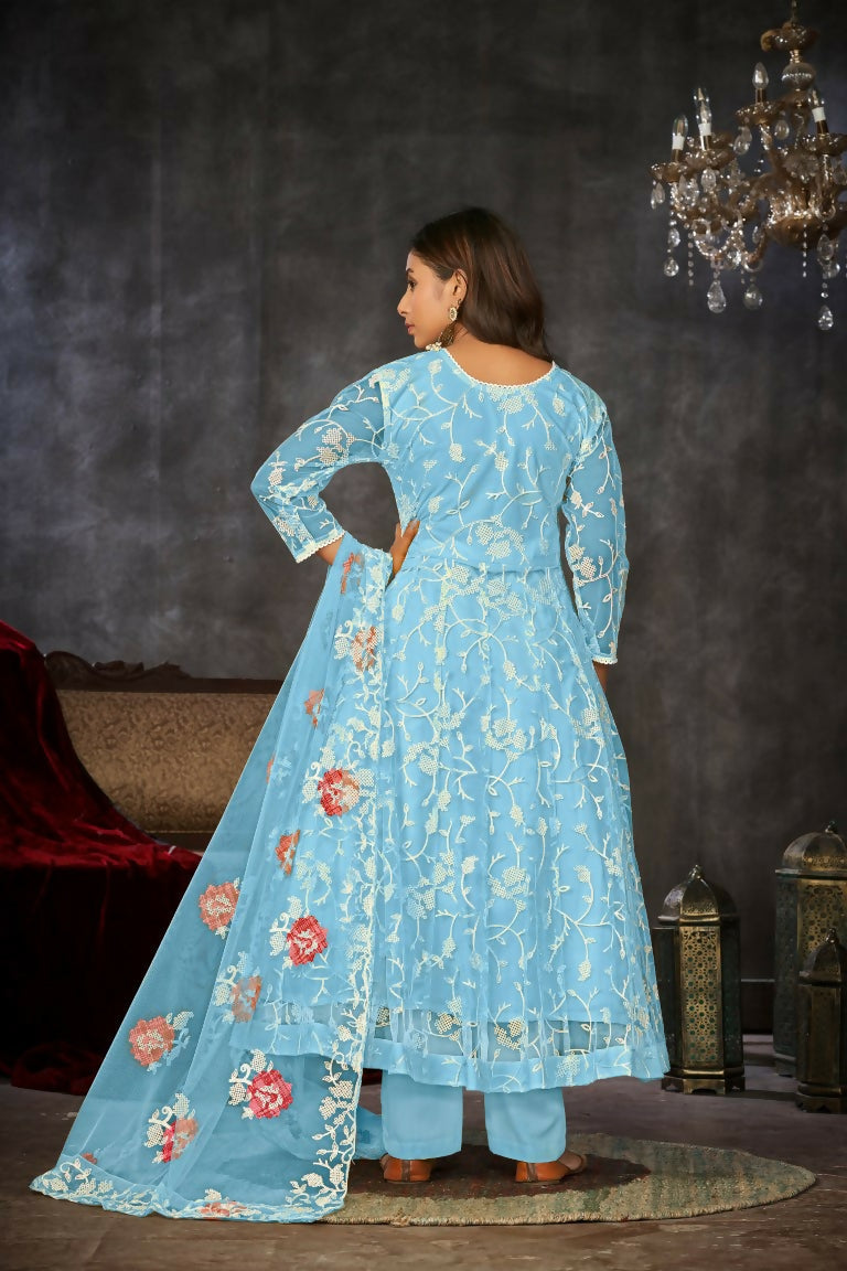 Jyoti Fashion Women's Sky Blue Net Embroidered Anarkali Kurta Pant Set With Dupatta | Grocsy