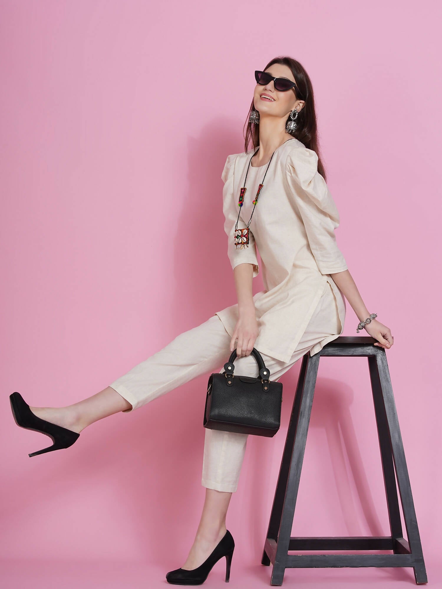 Women Republic Off White Cotton Flex Kurta With Attached Necklace And Pants | Grocsy