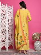 Jyoti Fashion Women's Yellow Muslin Floral Print with Jari & Crystal work Kurta with Trouser & Dupatta | Grocsy