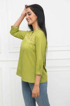 Myshka Women Green Solid Mandarin Collar Regular Sleeves Pure Cotton Top | Grocsy