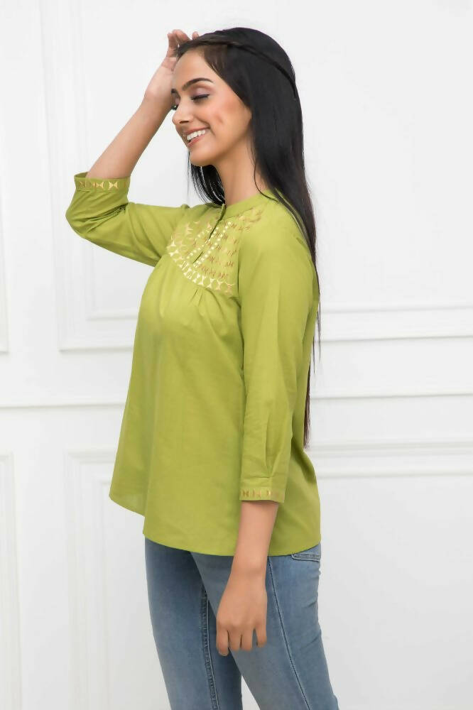 Myshka Women Green Solid Mandarin Collar Regular Sleeves Pure Cotton Top | Grocsy