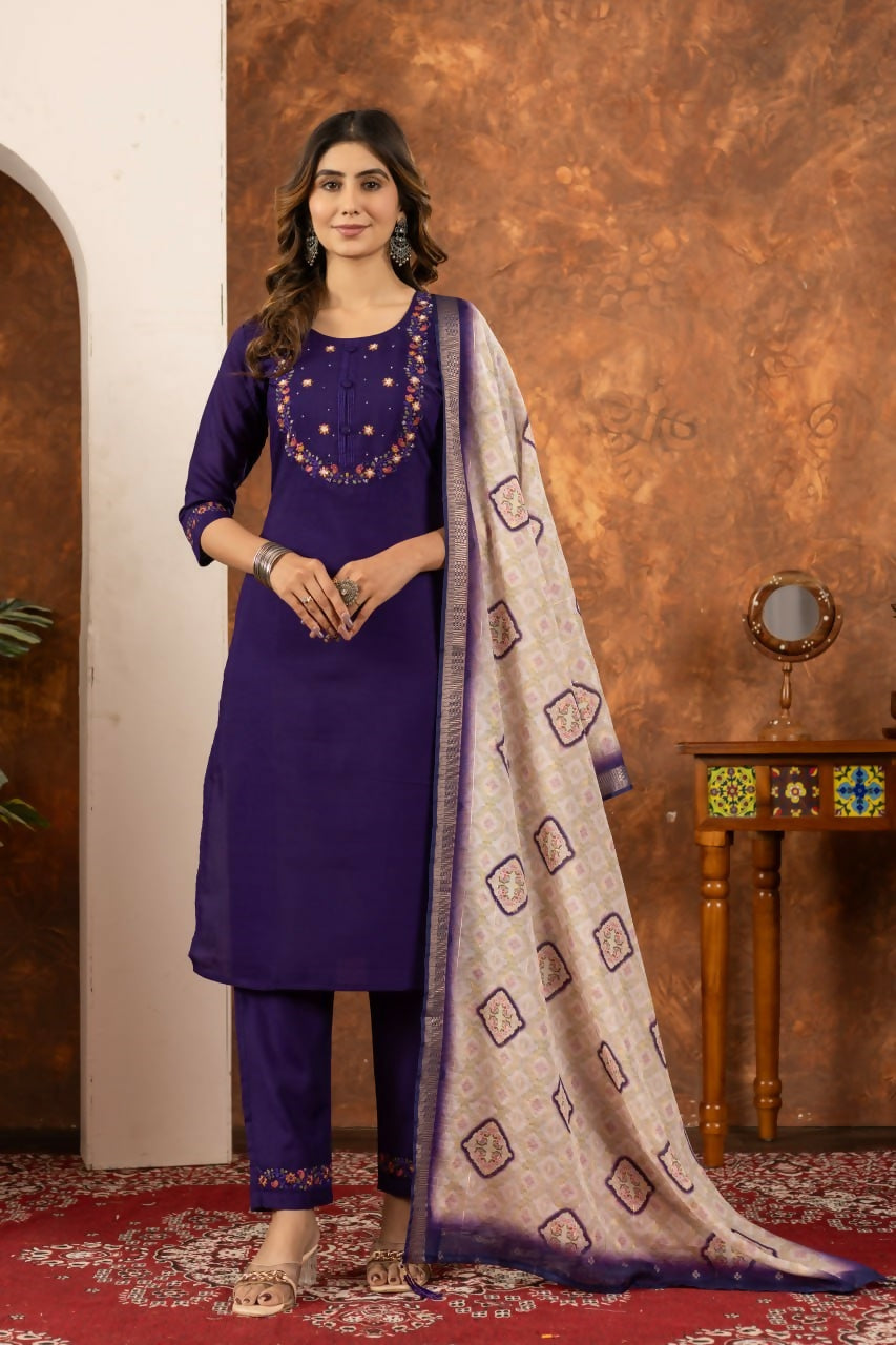 Purple Embroidered Pakistani Straight Kurti with Pant by Infinity Export | Grocsy