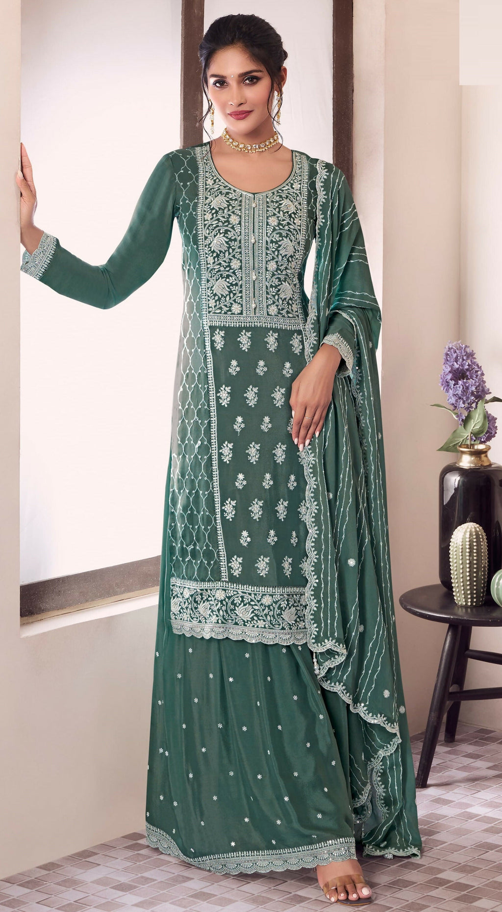 Anaita Green Embroidered Work Silk Stitched Sharara Suit | Grocsy