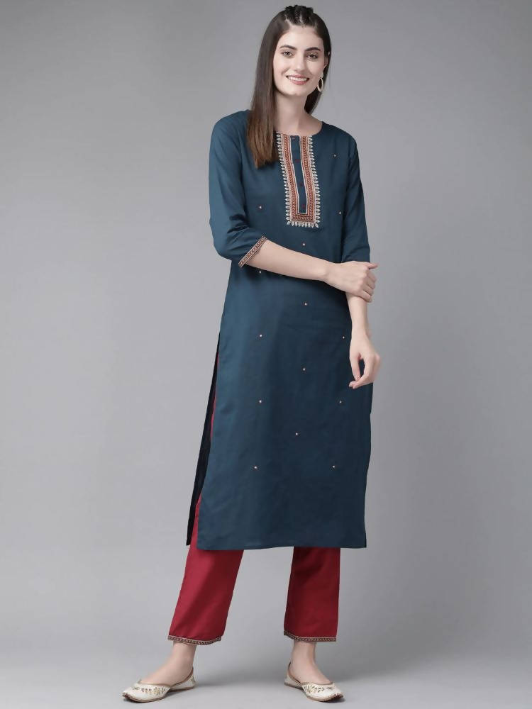 Yufta Navy Blue and Maroon Embroidered Kurta Palazzo Set | Grocsy