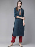 Yufta Navy Blue and Maroon Embroidered Kurta Palazzo Set | Grocsy