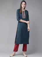 Yufta Navy Blue and Maroon Embroidered Kurta Palazzo Set | Grocsy