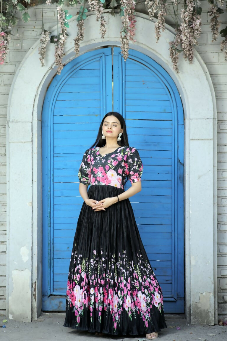Jyoti Fashion Women's Black Floral Digital Printed Chinon Anarkali Dress | Grocsy