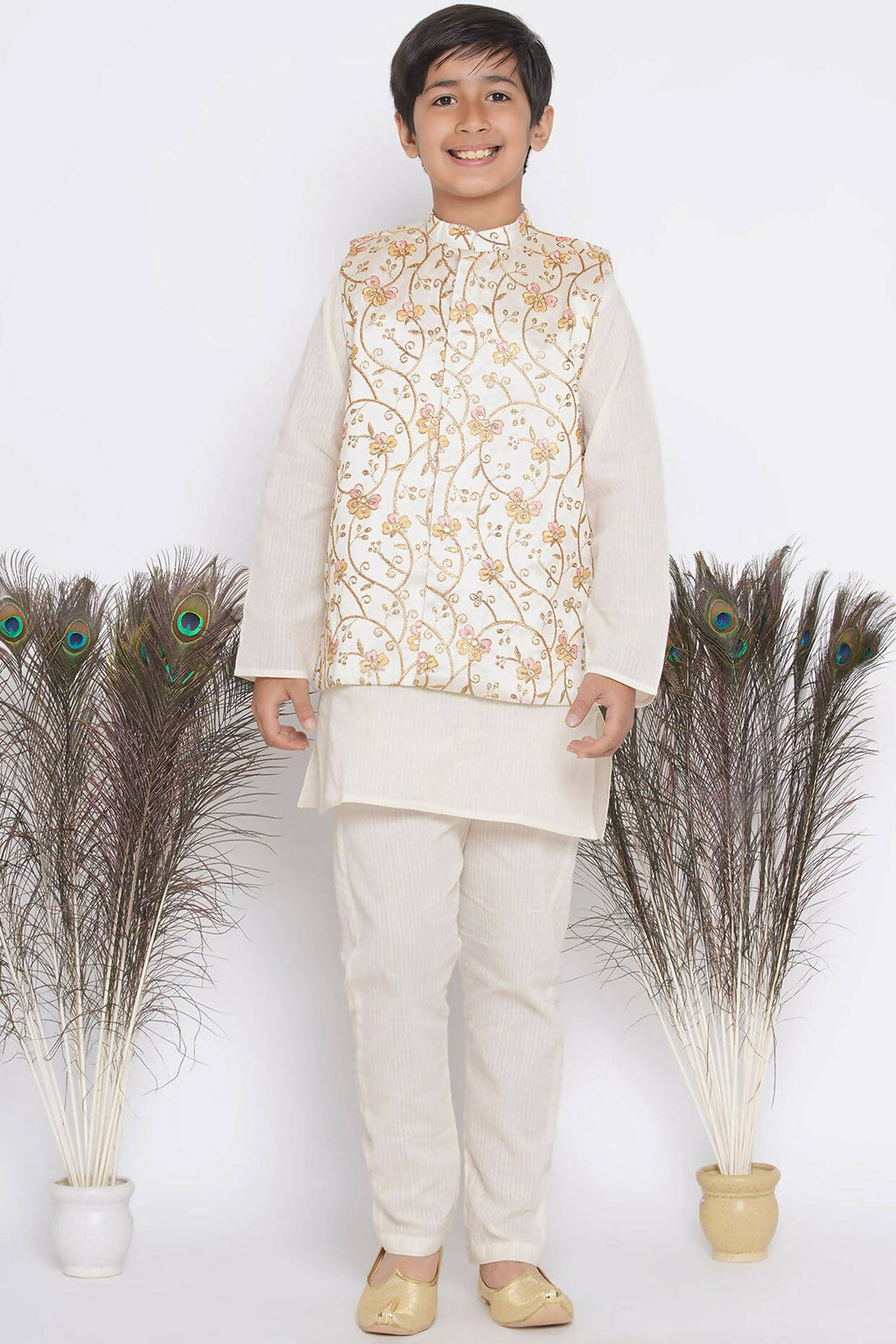 Little Bansi Banarsi Silk Orange Pink Floral Embroidery Jacket with Cotton Kantha kurta and Kantha Pyjama - Cream | Grocsy