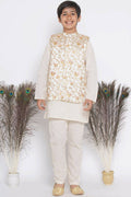 Little Bansi Banarsi Silk Orange Pink Floral Embroidery Jacket with Cotton Kantha kurta and Kantha Pyjama - Cream | Grocsy
