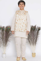 Little Bansi Banarsi Silk Orange Pink Floral Embroidery Jacket with Cotton Kantha kurta and Kantha Pyjama - Cream | Grocsy