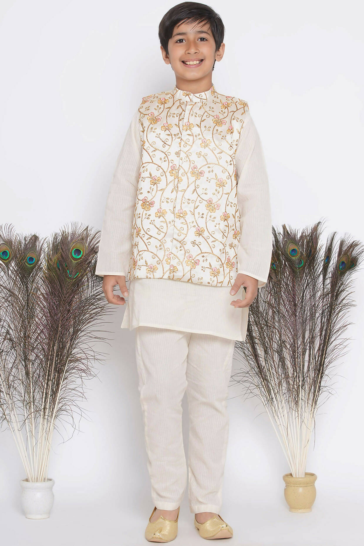 Little Bansi Banarsi Silk Orange Pink Floral Embroidery Jacket with Cotton Kantha kurta and Kantha Pyjama - Cream | Grocsy