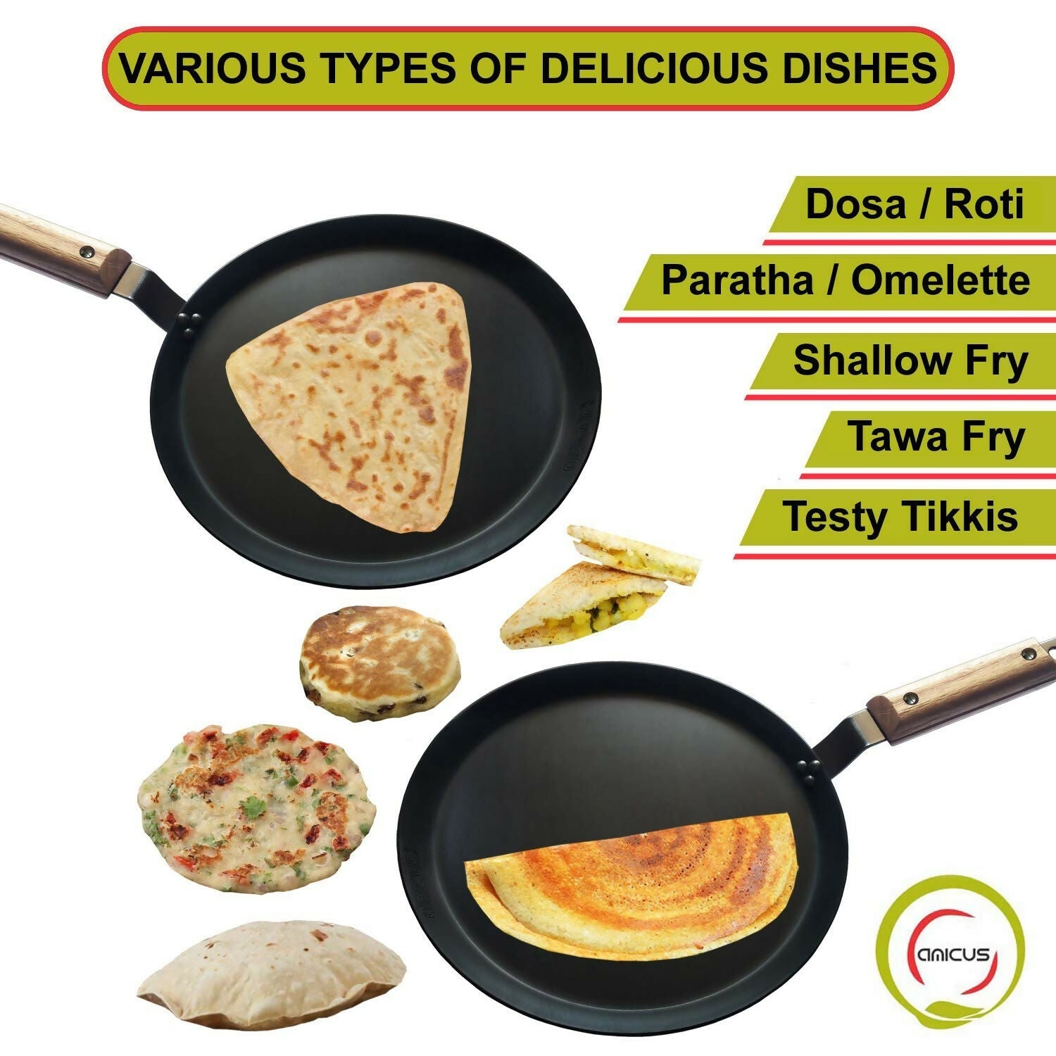 Amicus Pure Iron Tawa for Dosa Roti Chapati Paratha, Flat Iron Dosa Tava with Wooden Handle | Grocsy