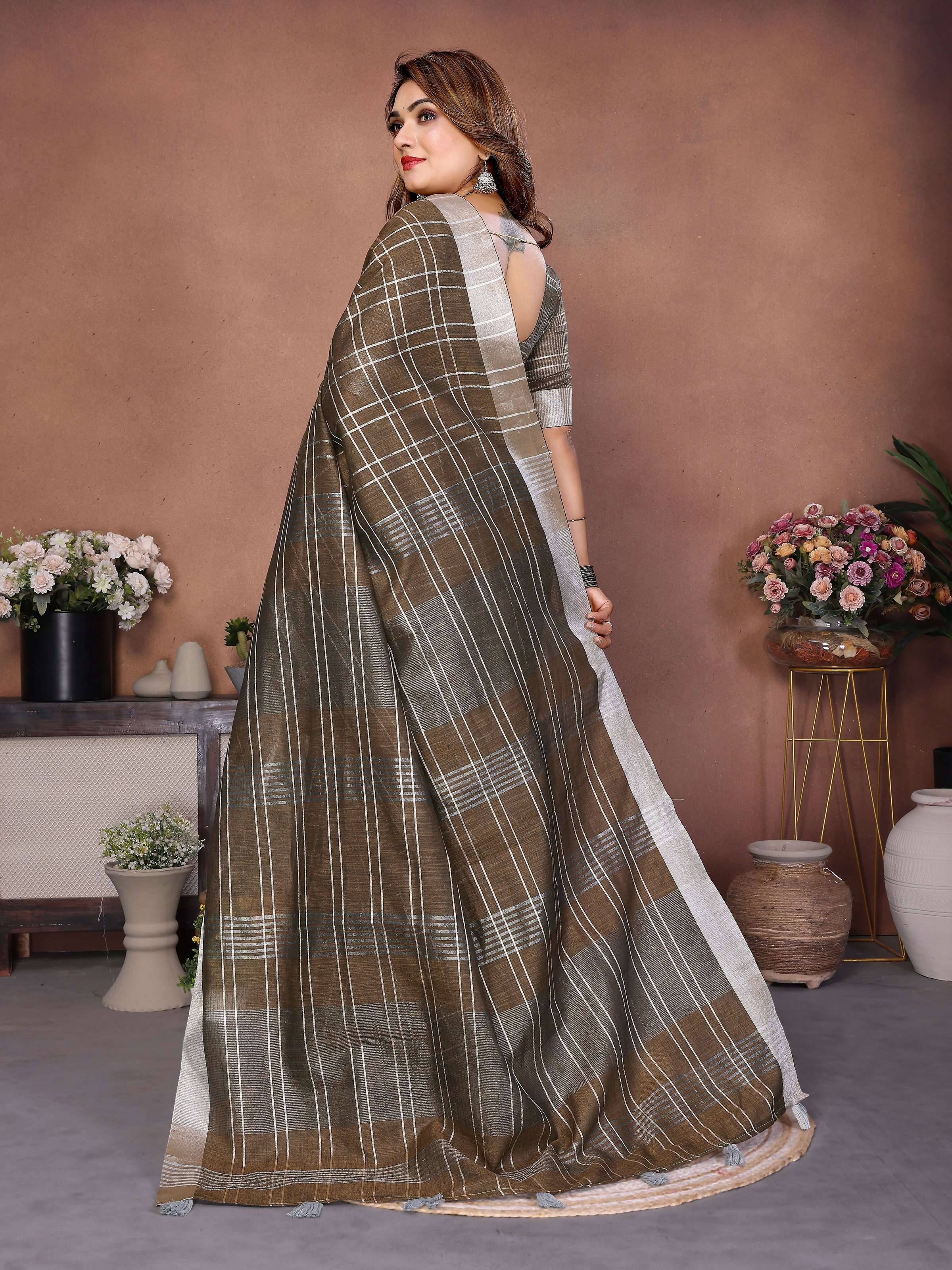 Aastha Fashion Light Brown Linen Weaving Saree | Grocsy
