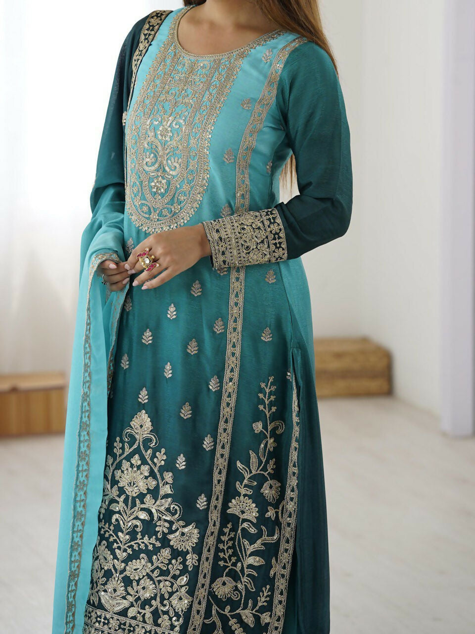 The52 Women's Gorgeous Chinon silk Fabric Embroidery Work Straight Kurta Palazzo and Dupatta Set | Grocsy