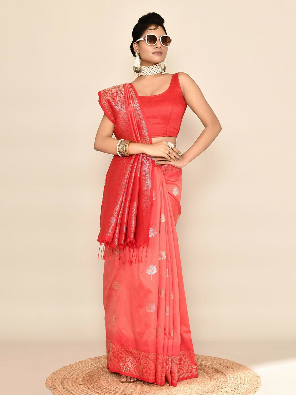 Joban Fashion Peach & Red Plain With Weaving Border Banarasi Silk Sarees | Grocsy
