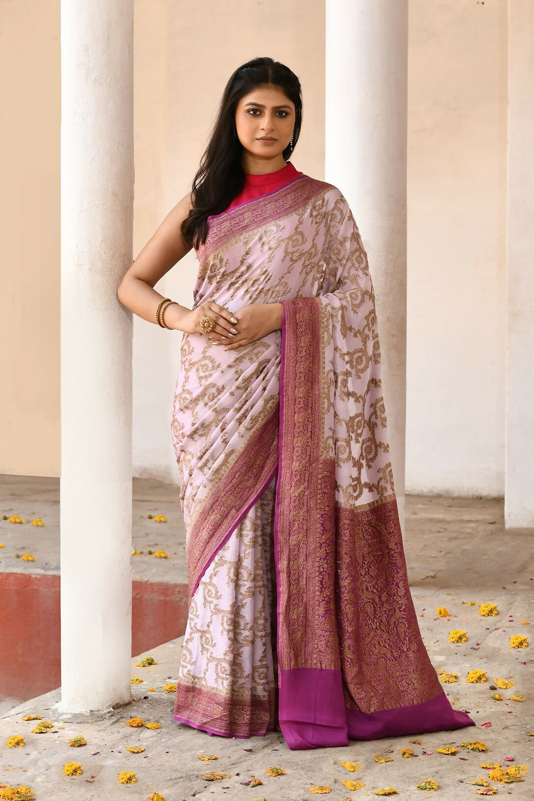 Joban Fashion Pastel Lilac Crepe Chiffon Pure Handloom Banarasi Silk Saree | Grocsy