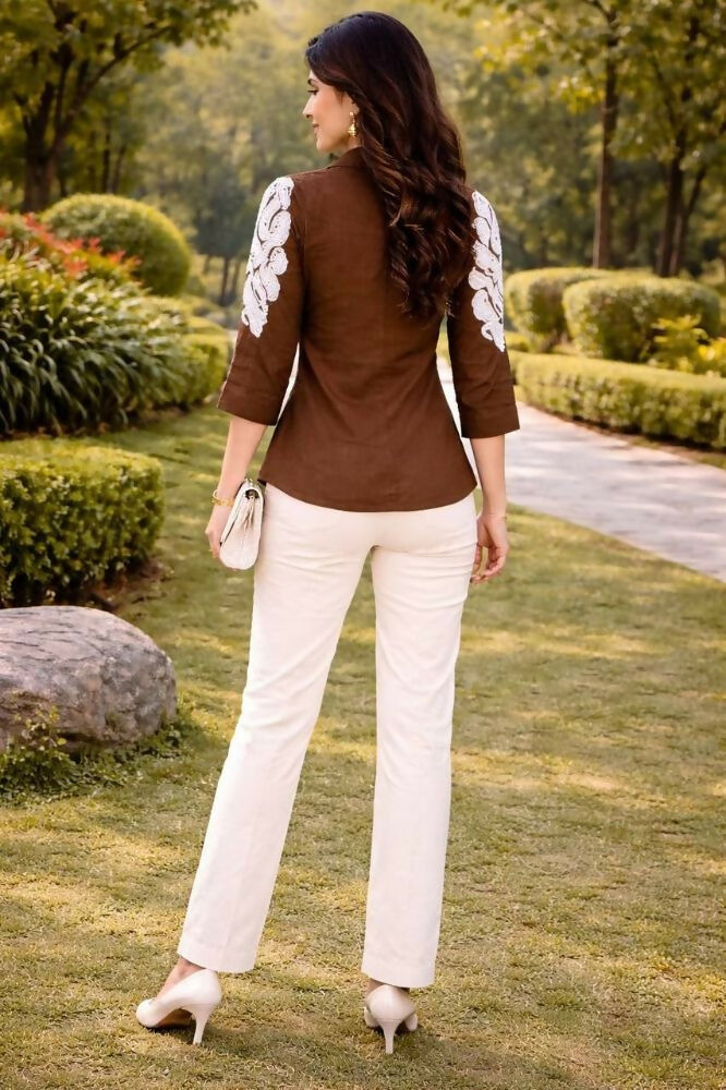 Teeya Creation Women Trendy Brown Cotton Button-Down Top with White Contrast Embroidered Sleeves | Grocsy