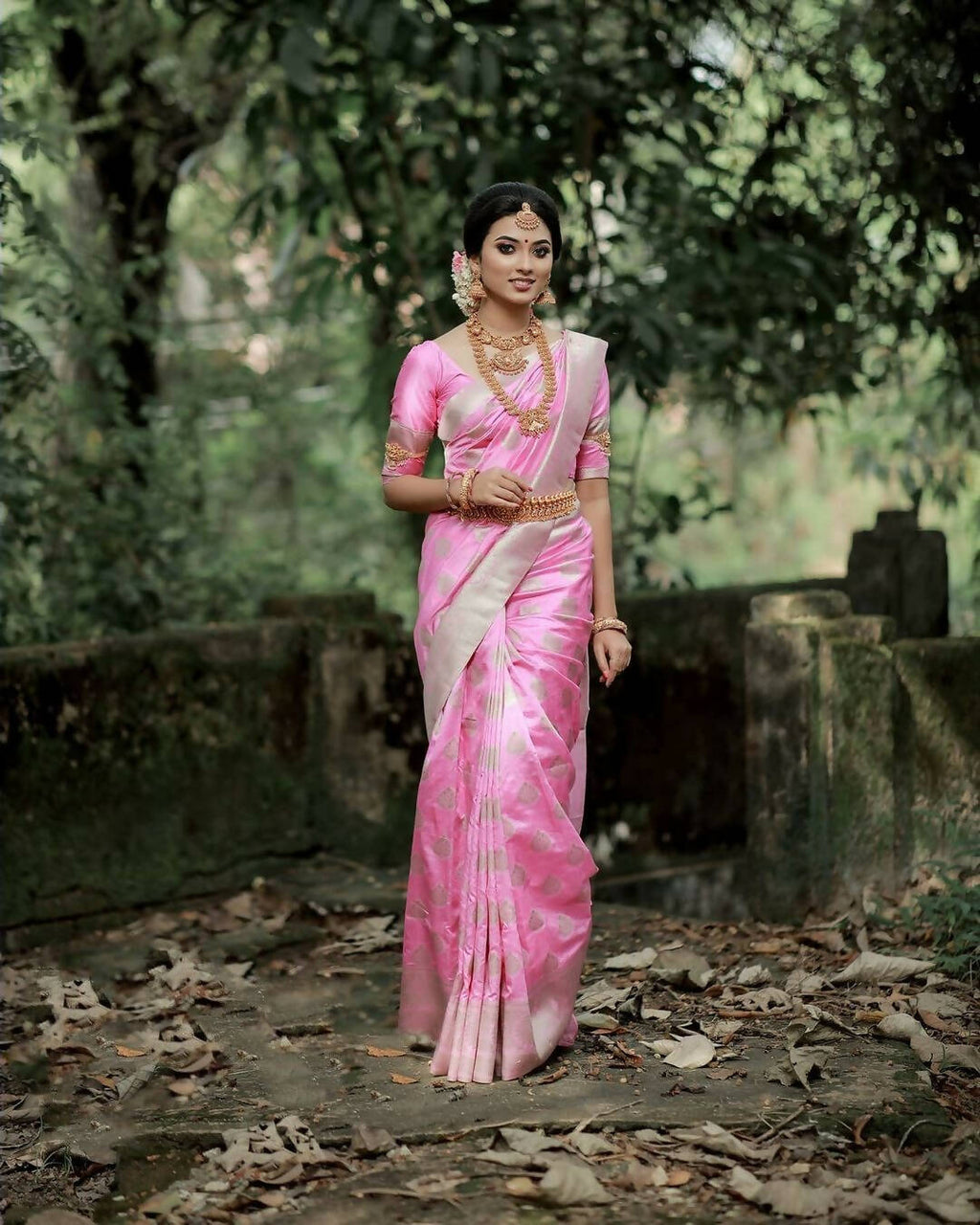DEIANA'S Beautiful Designer Golden zari Soft Lichi Silk Saree - Baby pink | Grocsy