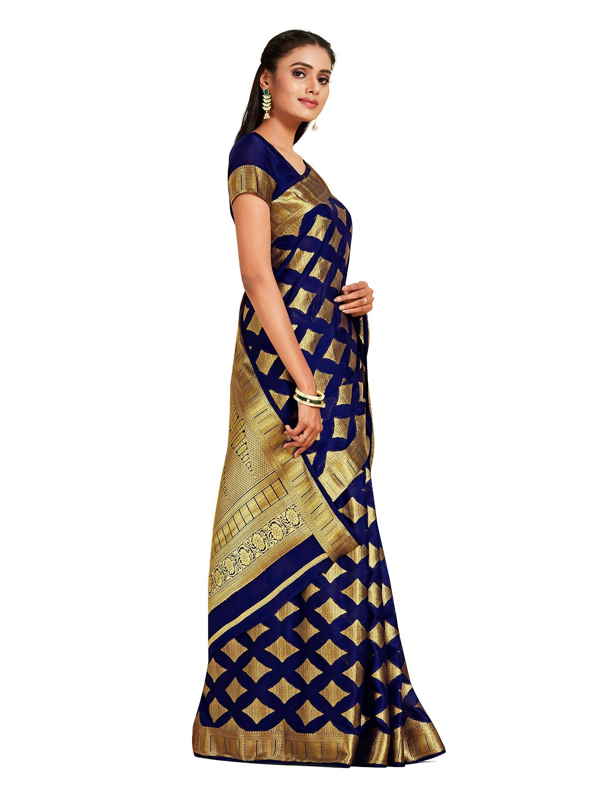 Mimosa Women's Mysore Silk Crepe Dark Blue Saree | Grocsy