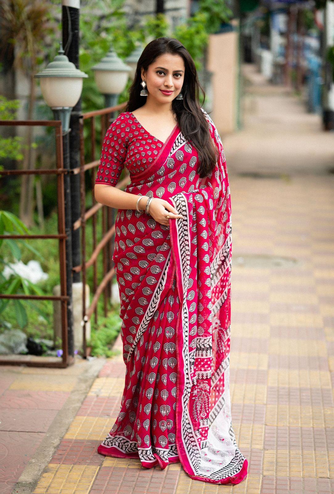 Rani Poly Georgette Ajrak Saree with Unstitched Blouse - Hiral Fashion | Grocsy